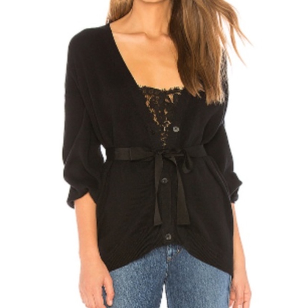 NWT $298 Joie Ferlinka Lace Insert Wrap Sweater Cardigan in Caviar - size XS!